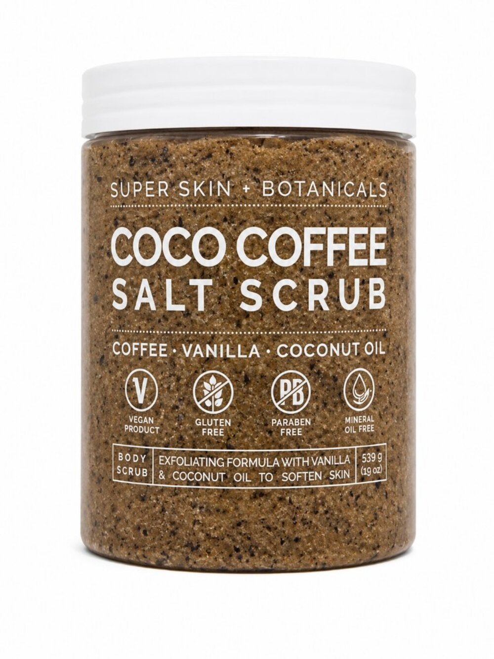 Super Skin + Botanicals Coco Coffee Salt Scrub with Coffee, Vanilla & Coconut Oi